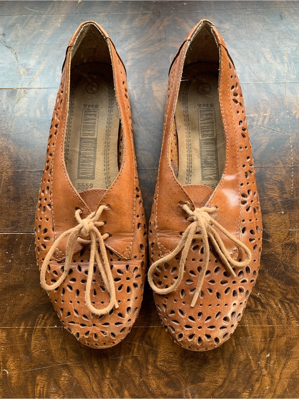 Perforated Leather Lace-Up Flats in Tan - Women's Comfort Loafers